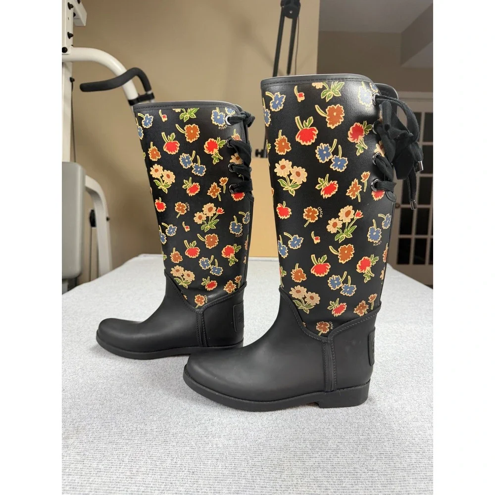 Coach Tristee Floral Rain Boots Black Matte Rubber Tall Lace Back Womens 8B